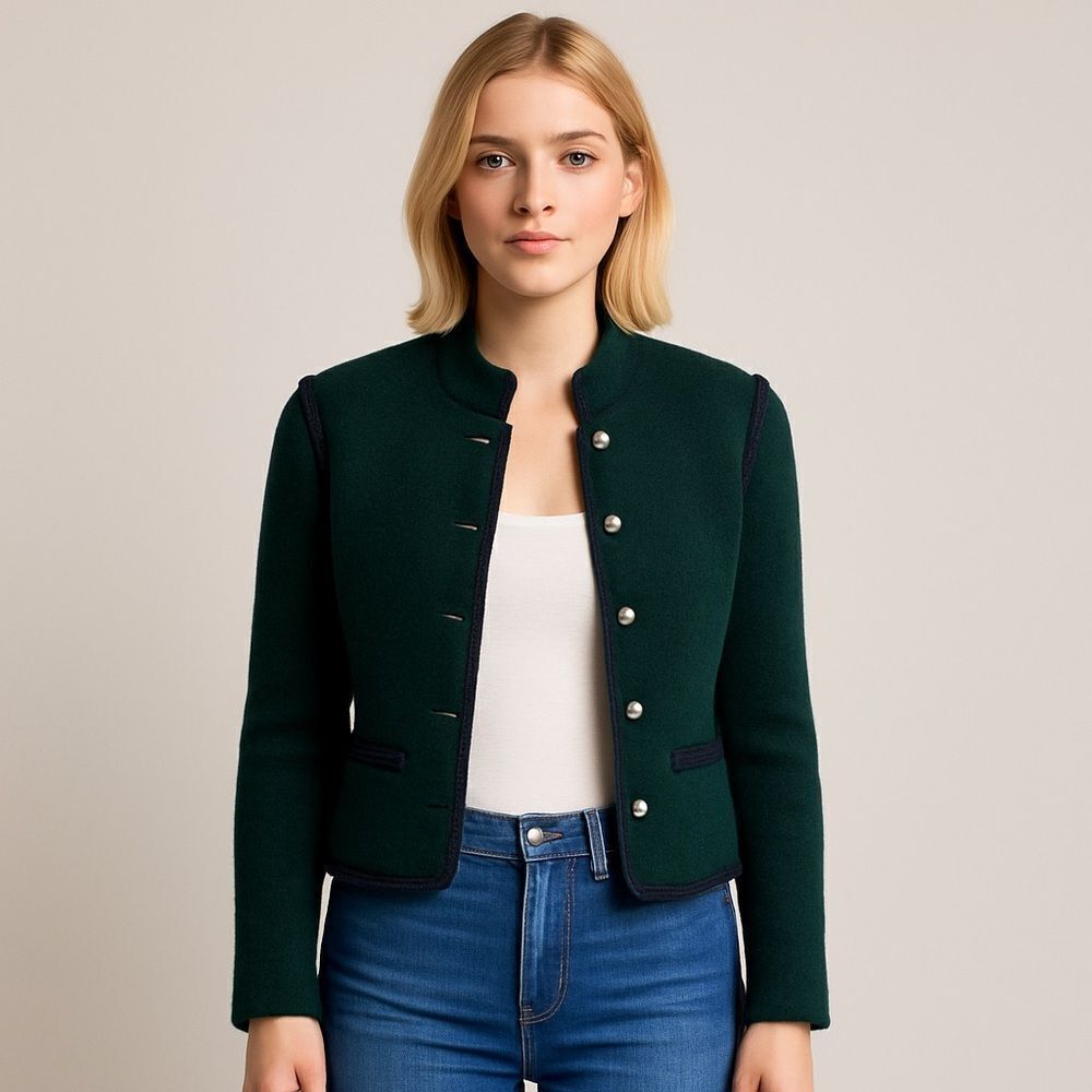 Jos A. Bank Vintage Baseball Green Crop Long Sleeves Pure Virgin Wool Jacket